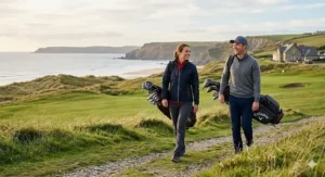 A golfer walking the fairway while carrying a golf bag with a 14-way divider.