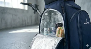 Integrated insulated cooler pocket for drinks on a premium waterproof cart bag.