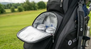 Close-up of the insulated cooler pocket on the golf cart bag, ideal for keeping drinks chilled during a round.