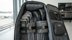 Interior view showing high-density foam padding inside a golf club travel bag to protect clubs during baggage handling.