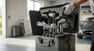 Thick foam interior padding inside a golf travel bag hard case designed to protect club heads during transit in a garage setting.
