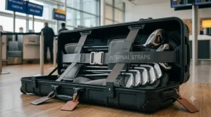Internal compression straps inside a golf travel bag securing a set of clubs.