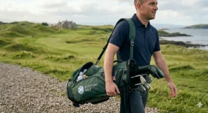 A golfer comfortably carrying a lightweight golf bag across a fairway.