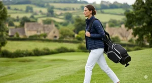 A golfer walking a course with a lightweight stand bag, showing portability.