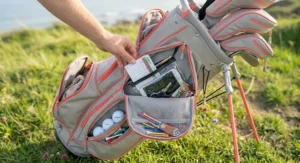 An interior view of a lightweight golf carry bag, highlighting the premium materials and organised storage dividers.