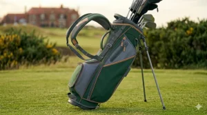Side profile of a lightweight golf stand bag featuring a balanced dual strap.