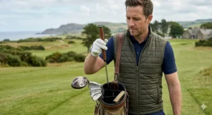 A golfer walking the fairway comfortably carrying a lightweight golf sunday bag.