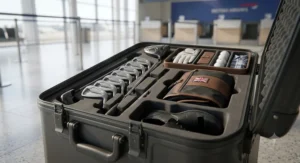 A side-view profile of a lightweight, impact-resistant hard-shell golf travel case standing on a garage floor.
