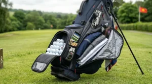 A side view showing the ample storage capacity of a 14-divider bag, fully stocked with golf balls and apparel.