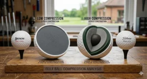 Cross-section diagram demonstrating the internal core layers of low compression versus high compression golf balls, highlighting a solid soft core versus a multi-layer firm core design.