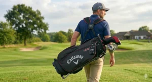 A stylish, modern golf bag with a 14-way divider in a sleek black and red colourway.