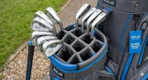 Close-up of an organised 14-way divider top on a golf trolley bag.