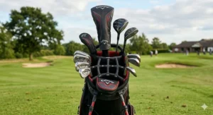 A set of irons and woods organised neatly within a 14-way divider golf bag.