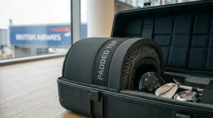 Padded upper section of a golf travel cover designed to protect club heads.