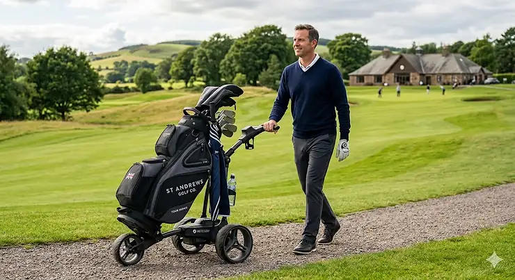 A premium golf cart bag designed for use with electric trolleys, featuring multiple pockets and durable construction for UK golf courses. golf cart bag
