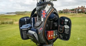 Side profile of a golf staff bag displaying large, zip-sealed storage pockets for apparel and golf accessories.