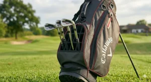 The reinforced base of a golf bag with a 14-way divider for added stability on the course.