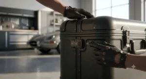 Detail view of hands in leather golf gloves operating the TSA-approved security lock on a premium hard golf travel case.