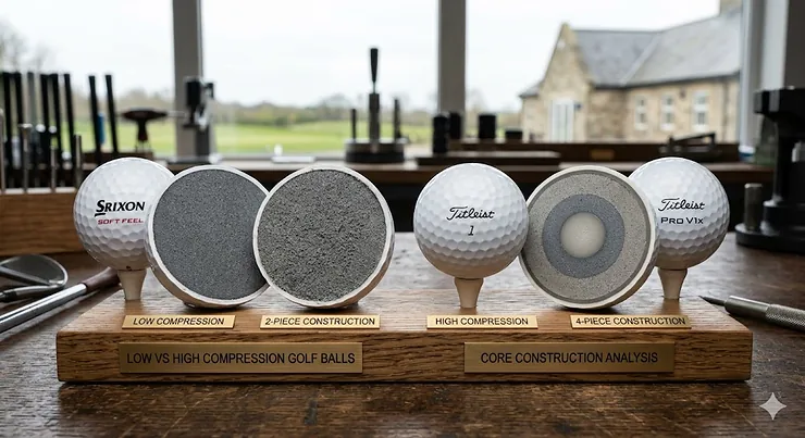 A comparison matrix of popular UK models highlighting the differences between low compression versus high compression golf balls from brands like Srixon, Callaway, TaylorMade, and Titleist. low compression vs high compression golf balls