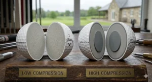 Illustration explaining how cold UK winter temperatures affect golf ball compression, showing why low compression balls often perform better in damp, chilly conditions.
