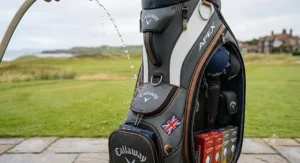 Detailed view of high-quality, water-resistant material on a golf staff bag, ideal for UK course conditions.