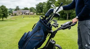 A waterproof golf bag for electric trolley featuring seam-sealed zips for British weather conditions.
