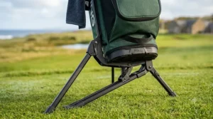 Close-up of the seam-sealed zips on a waterproof golf stand bag, demonstrating protection against British rain.