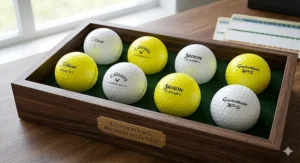 A classic white golf ball placed on a wooden tee on a tee box at a British golf club.