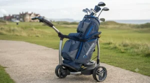 A Benross trolley cart bag securely positioned on an electric golf trolley, highlighting its cart-friendly base.