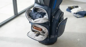 Side profile of a Benross golf bag displaying lined valuables pockets and spacious apparel storage compartments.