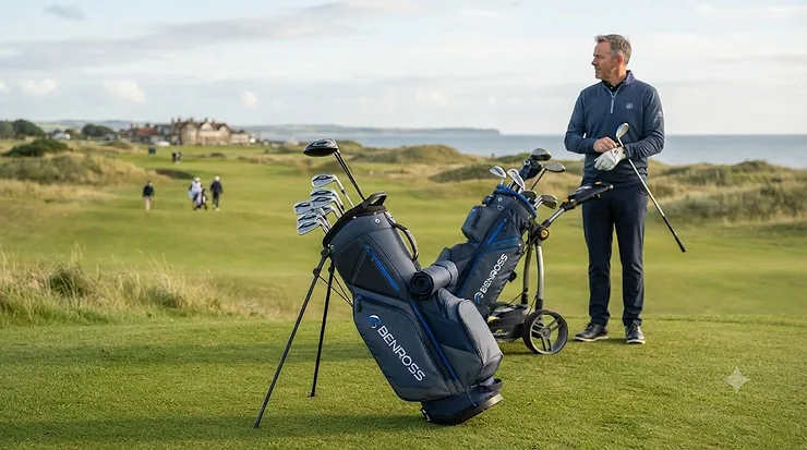 A premium Benross golf bag displayed on a British golf course fairway, showcasing its waterproof design and ample storage pockets. Benross golf bag