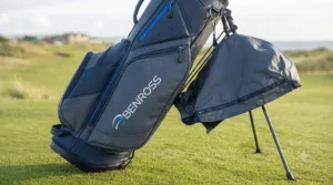 Close-up of a Benross waterproof golf bag featuring sealed zippers and a durable rain hood for UK weather conditions.
