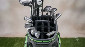 Overhead view of the 14-way organiser top on a Big Max Aqua golf bag designed to protect golf clubs.