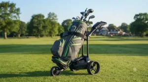 A Big Max Aqua golf bag securely fastened to a golf push trolley on a fairway during a round.