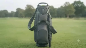 Rear profile of a Big Max Aqua golf bag displaying ergonomic grab handles and umbrella mount.