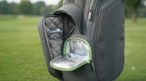 Side view of a Big Max Aqua golf bag showing ample storage space and the integrated drinks cooler pocket.