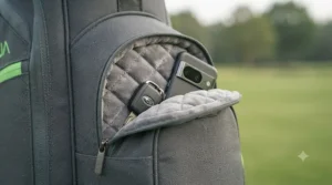 Detail view of the waterproof valuables pocket on a Big Max Aqua golf bag keeping accessories safe.