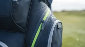 Waterproof zip detail on a Big Max golf bag, demonstrating sealed seams and weather protection for wet UK weather conditions.