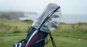 Close-up of a Callaway golf bag rain hood with water droplets, showing weather protection.