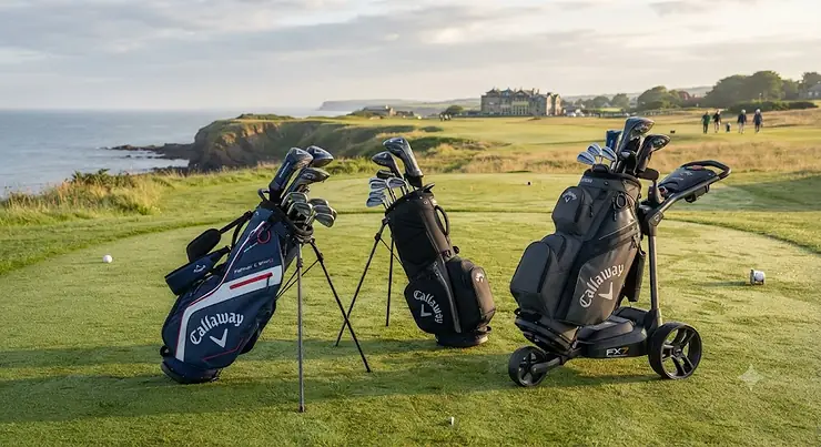 Callaway golf bag range featuring various stand and trolley models on a golf course. Callaway golf bag