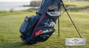 Side view showing the organised storage pockets on a Callaway bag, filled with accessories.
