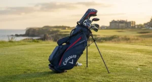 Callaway waterproof stand bag in navy and white with a carbon fibre stand system.