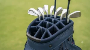 Close-up of the 14-way club divider top on a cart-friendly golf bag for organised club storage.