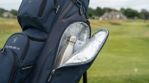 Side profile of the cart-friendly golf bag displaying multiple spacious storage pockets for gear.