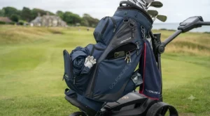 Rear view of the cart-friendly golf bag featuring a dedicated strap pass-through for stability.