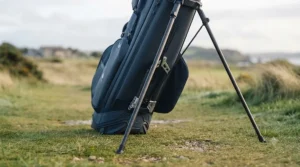 High-quality stand legs deployed on a lightweight golf bag for easy club access.
