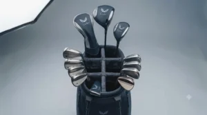 Top view of a four-way divider system on a compact golf stand bag.