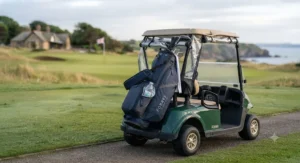 Golf bag secured on a buggy, featuring a drinks cooler pocket for the back nine.