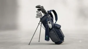 Close-up of hybrid golf bag with durable retractable stand