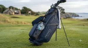 Close-up of a golf bag’s insulated cooler pocket with secure zip closure.